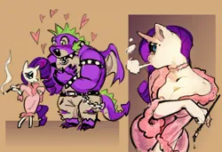 Size: 1280x873 | Tagged: suggestive, artist:goa7boy, derpibooru import, rarity, spike, anthro, dragon, unicorn, adult, adult spike, bathrobe, bracelet, breasts, busty rarity, choker, cigarette, cigarette holder, cleavage, clothes, eyeshadow, female, floating heart, heart, height difference, image, jpeg, larger male, makeup, male, older, older spike, robe, shipping, smaller female, smoking, sparity, spiked choker, spiked wristband, straight, winged spike, wings, wristband