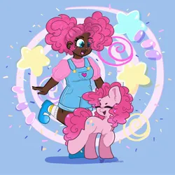 Size: 2048x2048 | Tagged: safe, artist:indigohatetrain, derpibooru import, pinkie pie, earth pony, human, pony, blackwashing, clothes, dark skin, duo, eyes closed, female, happy, human ponidox, humanized, image, jpeg, mare, open mouth, open smile, overalls, pinkie puffs, self paradox, self ponidox, smiling