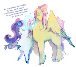 Size: 1361x1200 | Tagged: safe, artist:nekoboygandalf, derpibooru import, fluttershy, rarity, pegasus, pony, unicorn, cleft lip, dialogue, duo, fat, female, glow, glowing horn, height difference, horn, image, magic, mare, png, simple background, tallershy, telekinesis, text, white background