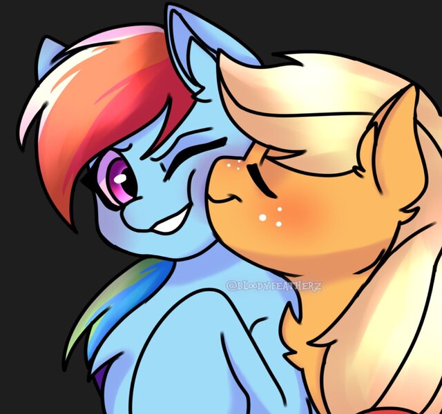 Size: 1308x1227 | Tagged: safe, artist:bloodyfeatherz, derpibooru import, applejack, rainbow dash, earth pony, pegasus, pony, appledash, black background, chest fluff, duo, eyes closed, female, image, jpeg, lesbian, nuzzling, shipping, simple background, smiling