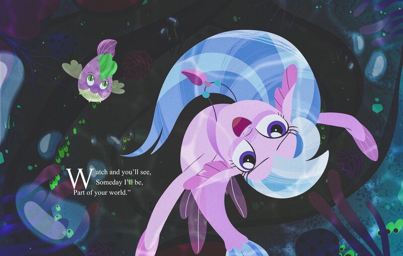 Size: 4096x2602 | Tagged: safe, artist:bearmation, derpibooru import, silverstream, spike, fish, puffer fish, seapony (g4), my little pony: the movie, :d, blue mane, bubble, crossover, duo, female, fin wings, fins, fish tail, flowing mane, green eyes, image, jewelry, jpeg, looking at you, looking up, male, necklace, ocean, open mouth, open smile, parody, part of your world, purple eyes, remake, scene parody, seapony silverstream, signature, smiling, smiling at you, species swap, spike the pufferfish, swimming, tail, text, the little mermaid, underwater, water, wings