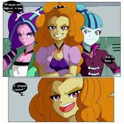 Size: 3000x3000 | Tagged: suggestive, artist:inuyuru, derpibooru import, adagio dazzle, aria blaze, sonata dusk, human, comic:the fucking contest, equestria girls, breasts, cleavage, comic, commission, dialogue, female, grin, image, jpeg, smiling, speech bubble, the dazzlings