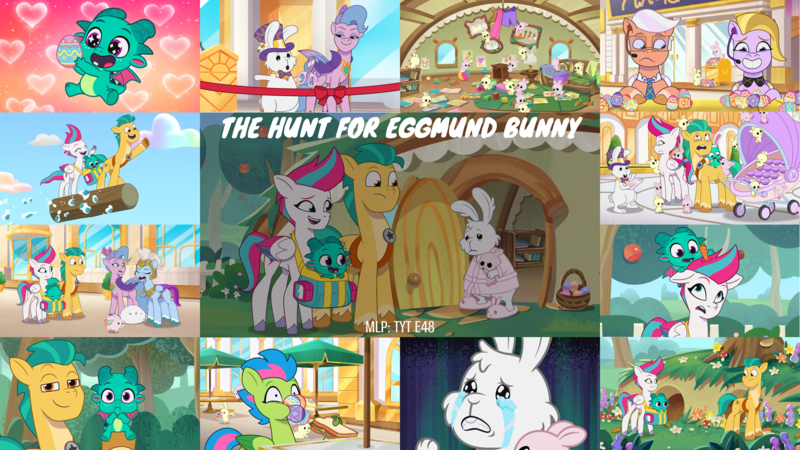 Size: 1956x1100 | Tagged: safe, derpibooru import, edit, edited screencap, editor:quoterific, screencap, cloudpuff, hitch trailblazer, queen haven, sparky sparkeroni, zipp storm, rabbit, my little pony: tell your tale, spoiler:g5, spoiler:my little pony: tell your tale, spoiler:tyts01e48, animal, eggmund bunny, g5, image, png, the hunt for eggmund bunny, zoom zephyrwing