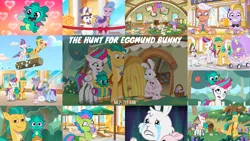 Size: 1956x1100 | Tagged: safe, derpibooru import, edit, edited screencap, editor:quoterific, screencap, cloudpuff, hitch trailblazer, queen haven, sparky sparkeroni, zipp storm, rabbit, my little pony: tell your tale, spoiler:g5, spoiler:my little pony: tell your tale, spoiler:tyts01e48, animal, eggmund bunny, g5, image, png, the hunt for eggmund bunny, zoom zephyrwing