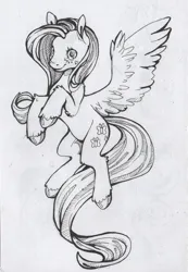 Size: 1024x1476 | Tagged: safe, artist:alcidence, derpibooru import, fluttershy, pegasus, pony, female, grayscale, image, jpeg, looking at you, mare, monochrome, smiling, smiling at you, solo, spread wings, traditional art, wings