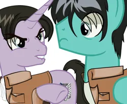 Size: 1464x1200 | Tagged: safe, artist:harmonicdreemur1308, derpibooru import, ponified, pony, unicorn, attack on titan, clothes, duo, frown, image, levi ackerman, male, png, simple background, stallion, white background