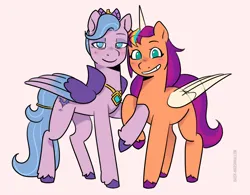 Size: 3738x2919 | Tagged: safe, artist:daisy_marshmallow, derpibooru import, queen haven, sunny starscout, alicorn, pegasus, my little pony: a new generation, blushing, cute, duo, duo female, female, g5, holding hooves, image, lesbian, looking at you, png, shipping, simple background, smiling, smiling at you, sunnycorn, sunnyhaven