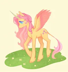 Size: 1210x1280 | Tagged: safe, artist:quartzbunny, derpibooru import, fluttershy, alicorn, pony, alicornified, fluttercorn, image, jpeg, leonine tail, race swap, simple background, solo, spread wings, tail, wings, yellow background