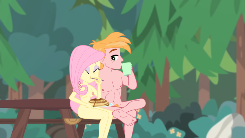 Size: 1920x1080 | Tagged: questionable, alternate version, derpibooru import, edit, edited screencap, screencap, big macintosh, fluttershy, human, equestria girls, equestria girls series, wake up!, spoiler:eqg series (season 2), areola, arm around neck, breakfast, breasts, busty fluttershy, casual nudity, clothes, coffee mug, complete nudity, crossed legs, cute, dress, drinking, duo, eating, eyes closed, female, fluttermac, food, forest, hand on shoulder, image, male, male nipples, mug, nipples, nudity, pancakes, picnic table, png, pubic hair, robe, shipping, shyabetes, sitting, straight, table, tree, wake up!: applejack