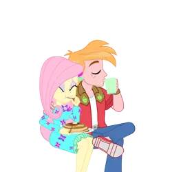 Size: 2250x2250 | Tagged: safe, anonymous artist, derpibooru import, big macintosh, fluttershy, human, equestria girls, equestria girls series, wake up!, spoiler:eqg series (season 2), arm around neck, breakfast, clothes, coffee mug, crossed legs, cute, dress, drinking, duo, eating, eyes closed, female, fluttermac, food, hand on shoulder, high res, image, male, mug, pancakes, png, shipping, shyabetes, simple background, sitting, straight, transparent background, vector, wake up!: applejack
