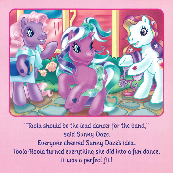 Size: 2350x2350 | Tagged: safe, artist:lyn fletcher, derpibooru import, sunny daze (g3), sweetsong, toola roola, earth pony, pony, bipedal, dialogue, female, g3, hoof hold, image, jpeg, mare, pony pop stars, scan, trio