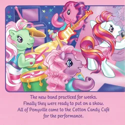 Size: 2330x2330 | Tagged: safe, artist:lyn fletcher, derpibooru import, minty, skywishes, sunny daze (g3), sweetsong, earth pony, pony, bipedal, clothes, dress, drums, drumsticks, female, g3, group, guitar, hoof hold, image, jpeg, mare, microphone, musical instrument, playing instrument, pony pop stars, quartet, scan