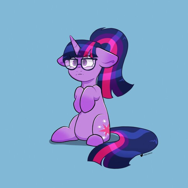 Size: 1702x1702 | Tagged: safe, artist:indigohatetrain, derpibooru import, sci-twi, twilight sparkle, pony, unicorn, blue background, female, image, jpeg, scene interpretation, simple background, solo