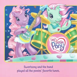 Size: 2350x2350 | Tagged: safe, artist:lyn fletcher, derpibooru import, minty, sweetsong, earth pony, pony, bipedal, drums, drumsticks, duo, female, g3, guitar, hoof hold, image, jpeg, mare, musical instrument, my little pony logo, playing instrument, pony pop stars, scan