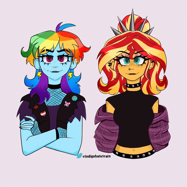 Size: 2048x2048 | Tagged: safe, artist:indigohatetrain, derpibooru import, rainbow dash, sunset shimmer, equestria girls, choker, clothes, duo, female, image, jpeg, punk, punkset shimmer, spiked choker