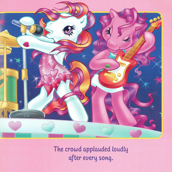 Size: 2350x2350 | Tagged: safe, artist:lyn fletcher, derpibooru import, skywishes, sunny daze (g3), earth pony, pony, bipedal, clothes, dancing, dress, drums, duo, eyes closed, female, g3, guitar, hoof hold, image, jpeg, mare, microphone, microphone stand, musical instrument, playing instrument, pony pop stars, scan, singing