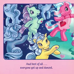 Size: 2350x2350 | Tagged: safe, artist:lyn fletcher, derpibooru import, cotton candy (g3), meadowbrook (g3), minty, unnamed character, unnamed pony, earth pony, pony, bipedal, clothes, continuity error, crowd, dancing, dress, female, g3, image, jpeg, mare, pony pop stars, scan, trio focus