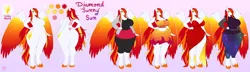 Size: 9853x2840 | Tagged: safe, artist:kerothestrange, derpibooru import, oc, oc:diamond sun, anthro, pegasus, pony, unguligrade anthro, ass, big breasts, breasts, butt, cleavage, clothes, colored wings, dress, featureless breasts, featureless crotch, female, gradient background, hand on hip, hoodie, huge breasts, huge butt, image, large butt, leggings, long hair, long mane, long tail, mare, multicolored wings, png, reference sheet, sarong, skirt, socks, solo, solo female, tail, thighs, thunder thighs, unshorn fetlocks, wide hips, wings