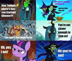 Size: 1070x903 | Tagged: safe, derpibooru import, editor:incredibubbleirishguy, queen chrysalis, twilight sparkle, twilight sparkle (alicorn), alicorn, changeling, changeling queen, caption, confrontation, crossover, eeyore, female, former queen chrysalis, image, jpeg, piglet, pooh, rabbit (winnie the pooh), reference, text, the loud house, the wizard of oz, thomas and the magic railroad, tigger, wicked witch, wicked witch of the west, winnie the pooh, witch