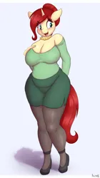 Size: 2808x5000 | Tagged: safe, artist:an-tonio, derpibooru import, oc, oc:golden brooch, unofficial characters only, anthro, unicorn, blushing, breasts, chubby, cleavage, clothes, female, image, jewelry, milf, mother, necklace, open mouth, open smile, png, smiling, solo