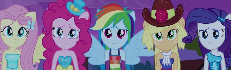 Size: 1470x445 | Tagged: safe, derpibooru import, edit, edited screencap, editor:incredibubbleirishguy, screencap, applejack, fluttershy, pinkie pie, rainbow dash, rarity, equestria girls, equestria girls (movie), bare shoulders, fall formal outfits, hat, humane five, image, jpeg, panorama, ponied up, pony ears, sad smile, sleeveless, strapless, wings