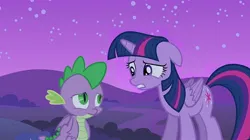 Size: 1146x644 | Tagged: safe, derpibooru import, edit, edited screencap, editor:incredibubbleirishguy, screencap, spike, twilight sparkle, twilight sparkle (alicorn), alicorn, dragon, pony, owl's well that ends well, season 1, dragon wings, duo, duo male and female, female, floppy ears, folded wings, frown, image, jpeg, male, mare, night, stars, teeth, winged spike, wings, worried