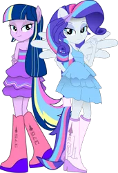 Size: 1705x2500 | Tagged: safe, artist:rarity3257, derpibooru import, oc, oc:nightfall sparkle, oc:stardust falken, human, equestria girls, bedroom eyes, boots, clothes, fall formal, fall formal outfits, high heel boots, high heels, image, looking at you, png, ponied up, shoes, spread wings, wingding eyes, wings