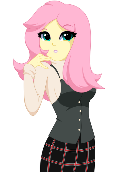 Size: 957x1373 | Tagged: safe, artist:rosemile mulberry, derpibooru import, fluttershy, equestria girls, alternate clothes, alternate hairstyle, breasts, clothes, female, image, lidded eyes, lipstick, long hair, looking at you, persona 5, plaid skirt, png, school uniform, sideboob, simple background, skirt, solo, updated design, white background