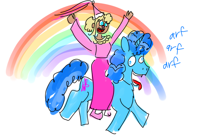 Size: 4200x2800 | Tagged: safe, artist:horsesplease, derpibooru import, party favor, human, pony, unicorn, barking, blonde, camp camp, clothes, derp, doggie favor, doodle, dress, fangirl, female, girly, humans riding ponies, image, jen (camp camp), male, panting, png, princess, rainbow, riding, stallion