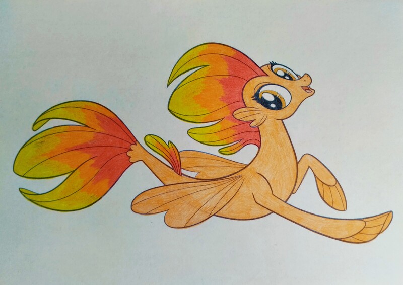Size: 4013x2841 | Tagged: safe, artist:valpinamoon, derpibooru import, haven bay, seapony (g4), my little pony: the movie, dorsal fin, female, fin, fin wings, fins, fish tail, flowing tail, image, jpeg, open mouth, open smile, recolor, red mane, red tail, simple background, smiling, solo, swimming, tail, traditional art, white background, wings