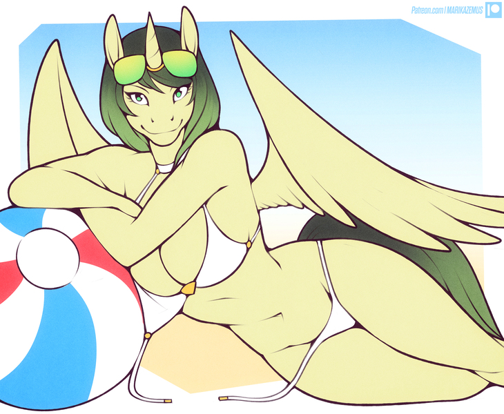 Size: 2000x1643 | Tagged: suggestive, artist:marik azemus34, derpibooru import, oc, oc:dawn, alicorn, anthro, alicorn oc, beach ball, bikini, bikini bottom, bikini top, breasts, cleavage, clothes, ears, ears up, eyelashes, female, green eyes, hips, horn, image, jpeg, leaning, looking at you, lying down, pegasus wings, side, smiling, smiling at you, solo, spread wings, sunglasses, swimsuit, tail, thighs, two-piece swimsuit, unicorn horn, untied bikini, wings