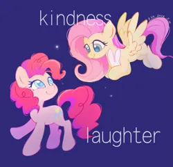 Size: 2383x2289 | Tagged: safe, artist:starfallmoonlight, derpibooru import, fluttershy, pinkie pie, earth pony, pegasus, blue background, cute, duo, female, flying, image, looking at each other, looking at someone, png, simple background, smiling