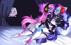 Size: 2011x1285 | Tagged: suggestive, alternate version, artist:airiniblock, derpibooru import, oc, oc:cinnabyte, oc:lillybit, unofficial characters only, anthro, earth pony, robot, anthro oc, bow, breasts, cinnabetes, clothes, crossed arms, cute, female, glasses, glitch techs, hand on hip, headphones, headset, image, lesbian, netflix, png, rcf community, reasonably sized breasts