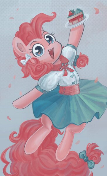 Size: 1070x1760 | Tagged: safe, artist:krista-21, derpibooru import, pinkie pie, earth pony, pony, bipedal, cake, clothes, cute, diapinkes, dress, female, food, hair ribbon, hoof hold, image, jpeg, looking at you, mare, open mouth, open smile, plate, ribbon, smiling, smiling at you, solo