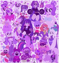 Size: 1916x2048 | Tagged: safe, artist:honwowo, derpibooru import, twilight sparkle, alicorn, anthro, human, pony, robot, abby park, adventure time, amethyst (steven universe), anarchy stocking, animal crossing, animal crossing: new leaf, animatronic, anime, ballora, battle for dream island, belly button, blaze the cat, blushing, bob, bonnie (fnaf), breasts, cala maria, cartoon network, chowder, cleavage, cookie run, cuphead, daphne blake, dc comics, disney, facial hair, five nights at freddy's, gem, happy tree friends, image, jelly jamm, jpeg, king dice, kirby (series), lammy, lollipop (battle for dream island), lumpy space princess, marx, midriff, moustache, ongo, panty and stocking with garterbelt, pixar, plushie, poison mushroom cookie, purple, purple guy, raven (dc comics), scooby doo, skullgirls, sonic the hedgehog (series), squigly, steven universe, teen titans, tongue out, toriel, turning red, undertale