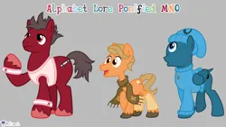 Size: 7111x4000 | Tagged: safe, artist:melisareb, derpibooru import, part of a set, earth pony, pegasus, pony, .svg available, 16:9, absurd resolution, alphabet lore, bald, beanie, clothes, crossover, dock, gray background, hairless, hat, image, leg warmers, m, male, n, o, one eyed, open mouth, png, raised hoof, scarf, shirt, simple background, sleeveless, sleeveless shirt, species swap, stallion, sweater, tail, trio, trio male, unshorn fetlocks, vector, wat, wavy mouth, wings, wristband