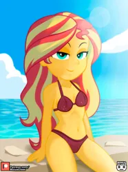 Size: 3037x4092 | Tagged: suggestive, artist:minusclass, derpibooru import, sunset shimmer, equestria girls, adorasexy, beach, belly button, bikini, clothes, cloud, cute, female, high res, image, jpeg, lidded eyes, ocean, patreon, patreon logo, red bikini, sand, sexy, sky, smiling, solo, solo female, swimsuit, water