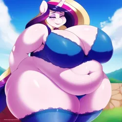 Size: 640x640 | Tagged: suggestive, derpibooru import, editor:rainbowkiller01, machine learning generated, novelai, stable diffusion, princess cadance, anthro, bbw, belly, big belly, big breasts, bra, breasts, busty princess cadance, clothes, fat, huge belly, huge breasts, image, jpeg, obese, panties, princess decadence, ssbbw, thighs, thunder thighs, underwear, wide hips