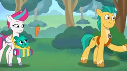 Size: 3072x1727 | Tagged: safe, derpibooru import, screencap, hitch trailblazer, sparky sparkeroni, zipp storm, dragon, earth pony, pegasus, pony, my little pony: tell your tale, spoiler:g5, spoiler:my little pony: tell your tale, spoiler:tyts01e48, baby, baby dragon, carrot, female, food, frown, g5, image, jpeg, male, mare, open mouth, open smile, smiling, stallion, the hunt for eggmund bunny, trio