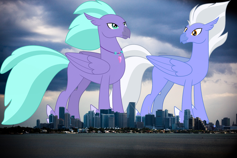 Size: 2048x1365 | Tagged: safe, artist:dashiesparkle, derpibooru import, edit, editor:jaredking779, seaspray, sky beak, classical hippogriff, hippogriff, pony, duo, florida, giant hippogriff, highrise ponies, image, irl, jewelry, jpeg, macro, male, mega giant, miami, necklace, photo, ponies in real life, story included