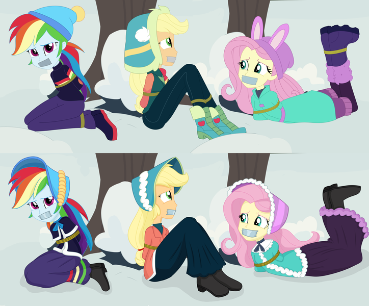 Size: 3264x2705 | Tagged: safe, artist:splendidbondage, derpibooru import, applejack, fluttershy, rainbow dash, human, equestria girls, applesub, bondage, bound and gagged, caroling, clothes, comparison, dashsub, dress, femsub, fluttersub, gag, humanized, image, long dress, long skirt, png, skirt, submissive, tape, tape gag, tied up, victorian, victorian dress