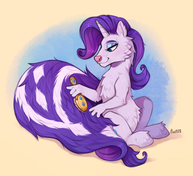 Size: 1920x1750 | Tagged: safe, artist:birdoffnorth, derpibooru import, rarity, hybrid, pony, skunk, skunk pony, unicorn, blue background, brush, brushing, brushing tail, commission, fanfic art, female, fluffy, hairbrush, image, jpeg, looking back, scentquestria, simple background, sitting, skunkified, smiling, solo, species swap, tabu in scentquestria, watercolor background, yellow background