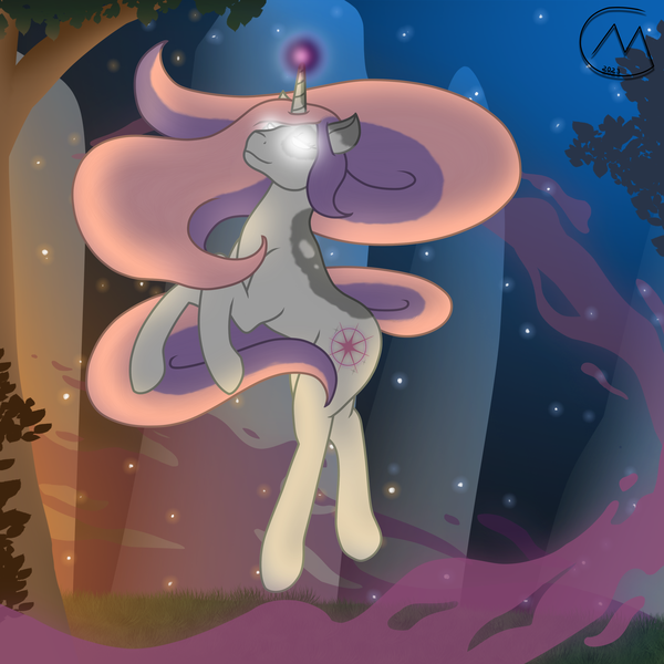 Size: 3200x3200 | Tagged: safe, artist:maître cervidé, derpibooru import, oc, oc:arcana glyph, unicorn, female, forest, grass, image, magic, night, png, solo, spark, stone, tree