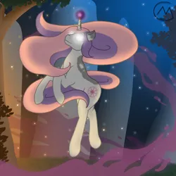 Size: 3200x3200 | Tagged: safe, artist:maître cervidé, derpibooru import, oc, oc:arcana glyph, unicorn, female, forest, grass, image, magic, night, png, solo, spark, stone, tree