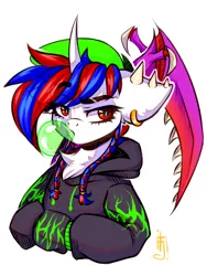 Size: 1200x1600 | Tagged: safe, artist:falafeljake, derpibooru import, oc, oc:snowi, unofficial characters only, pony, unicorn, blue mane, bust, cap, clothes, ear piercing, earring, ears, female, food, gum, hair braid, hat, hood, horn, image, jacket, jewelry, looking at you, mare, mutant, mutation, piercing, png, red eyes, red mane, scythe, white fur