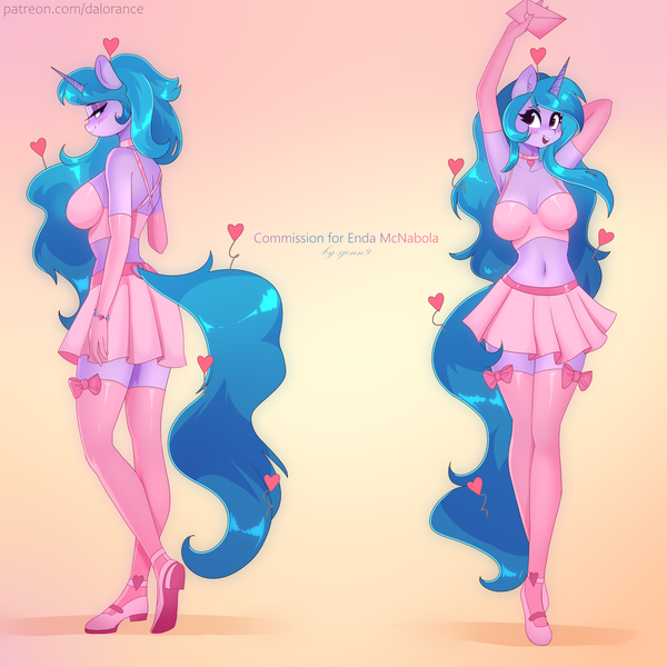 Size: 3000x3000 | Tagged: suggestive, artist:xjenn9, derpibooru import, izzy moonbow, anthro, bedroom eyes, belly button, breasts, busty izzy moonbow, cleavage, clothes, commission, female, g5, gloves, gradient background, hearts and hooves day, horn, image, letter, long gloves, midriff, png, skirt, socks, solo, stockings, thigh highs, ych example, your character here, zettai ryouiki