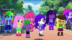 Size: 719x396 | Tagged: safe, applejack, fluttershy, pinkie pie, rainbow dash, rarity, spike, starlight glimmer, twilight sparkle, anthro, human, equestria girls, spoiler:eqg specials, 4+, accessories, anime, blonde, boots, cartoon, clothes, dressup, for kids only, gacha club, green skirt, image, jpeg, kids game, looking at you, multicolored hair, my oc:jasper jean, my oc:luna lullamoon, not for adults, photo, pink mane, purple mane, rainbow hair, shoes, skirt, sky, tree