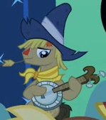 Size: 149x169 | Tagged: safe, derpibooru import, screencap, unnamed character, unnamed pony, earth pony, pony, luna eclipsed, bandana, banjo, cropped, eclipse, hat, image, musical instrument, png, sitting, straw, straw in mouth
