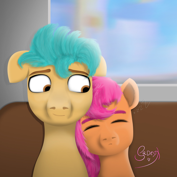 Size: 2060x2060 | Tagged: safe, artist:sadesix, derpibooru import, hitch trailblazer, sunny starscout, pony, derpibooru exclusive, female, g5, image, jpeg, male, shipping, sleeping, straight, sunnyhitch