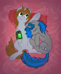 Size: 761x926 | Tagged: safe, artist:hobra-hobra, derpibooru import, oc, oc:homage, oc:littlepip, unofficial characters only, pony, unicorn, fallout equestria, fanfic, bed, bed mane, curled up, cutie mark, duo, eyes closed, fanfic art, female, hooves, horn, image, jpeg, lesbian, mare, messy mane, oc x oc, on back, pillow, pipbuck, shipping, side, smiling
